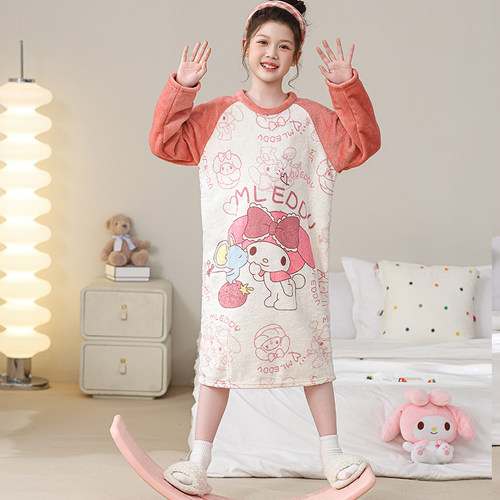儿童睡裙秋冬季珊瑚绒保暖小女孩薄款法兰绒美乐蒂女童睡衣家居服