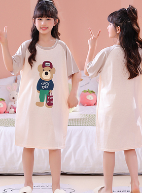 女童夏天睡衣女孩纯棉薄款睡裙中大童宝宝短袖空调服居家连衣裙子