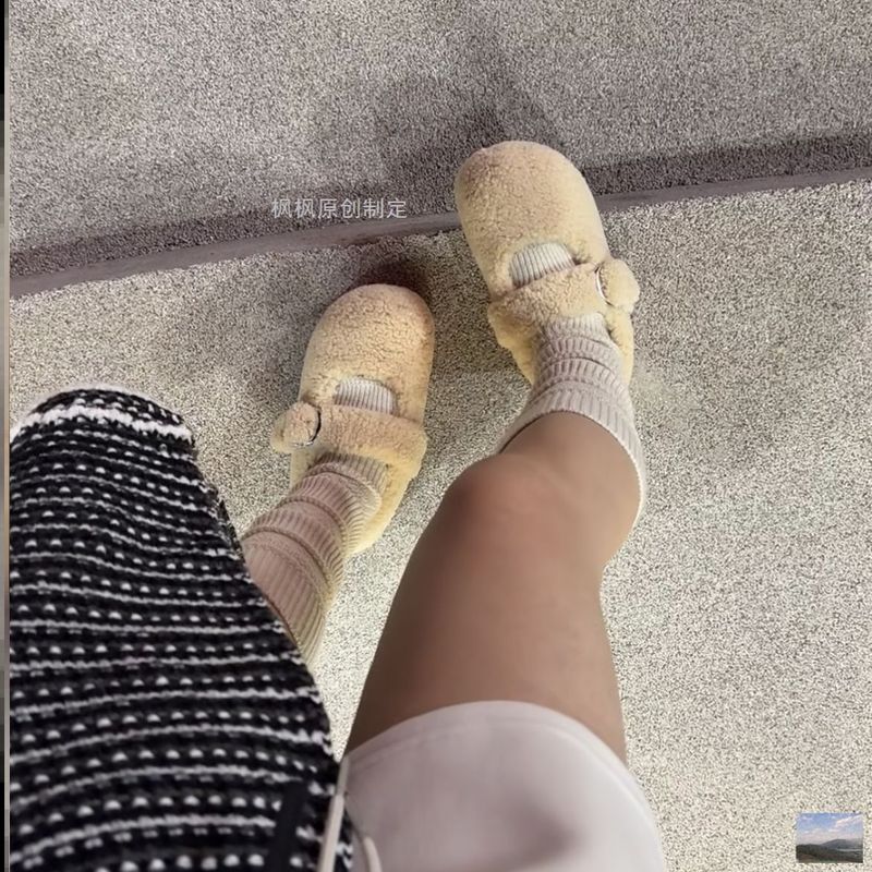 网红同款玛丽珍毛毛鞋加绒全包羊羔毛外穿厚底懒人棉鞋穆勒鞋保暖