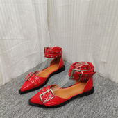 女 休闲超迁平底尖头纯色铆钉皮带扣后空凉鞋 欧洲站2025新款 时尚