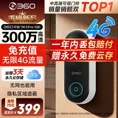 【新品】360智能可视门铃5Pro免WIFI猫眼4G终身流量高清家用入户门免插电门口门禁门镜监控摄像头无网可用