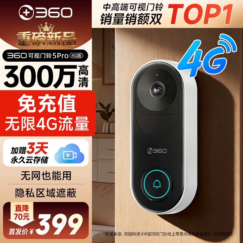【新品】360智能可视门铃5Pro免WIFI猫眼4G终身流量高清家用入户门免插电门口门禁门镜监控摄像头无网可用