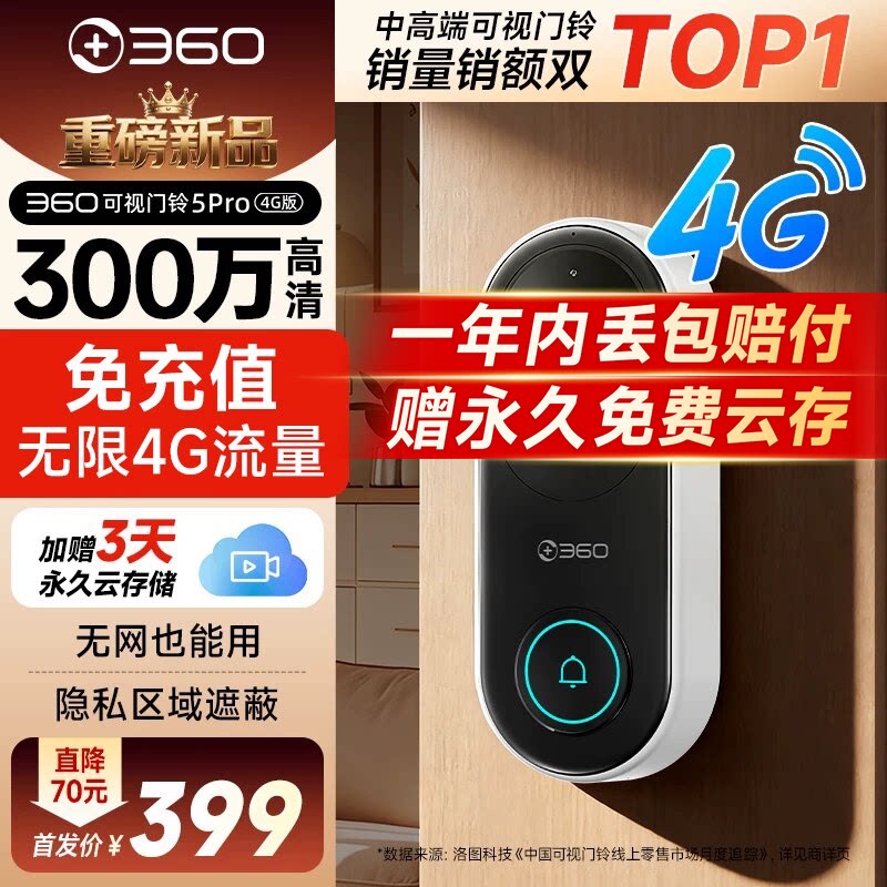 【新品】360智能可视门铃5Pro免WIFI猫眼4G终身流量高清家用入户门免插电门口门禁门镜监控摄像头无网可用