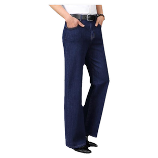 男士中老年春秋中高腰宽松弹力牛仔阔腿裤大直筒长裤男裤阔脚宽腿