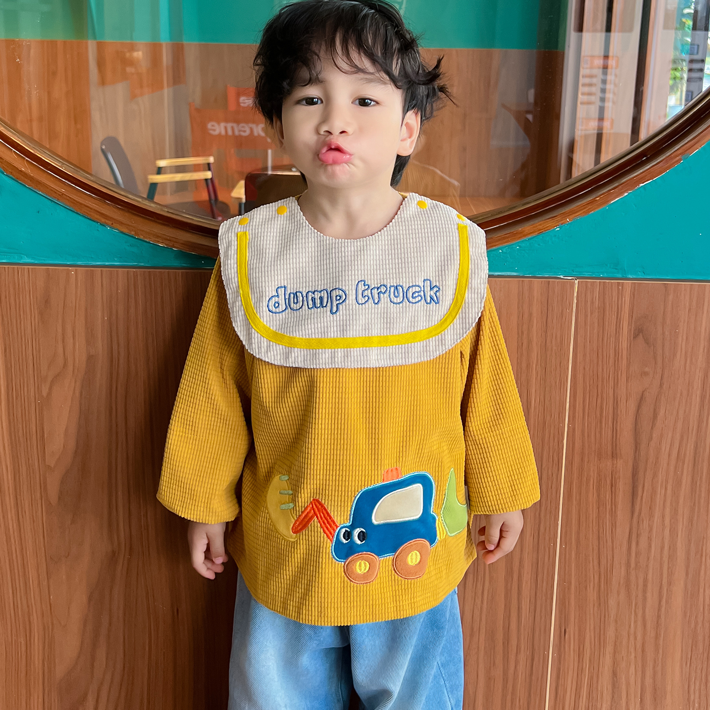 宝宝辅食衫罩衣秋冬防水新款挖土机可爱防脏护衣男童围裙长袖围兜