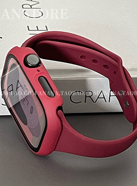 新款酒红色套装表带壳膜一体适用苹果iwatchS10代s98se小蛮腰硅胶