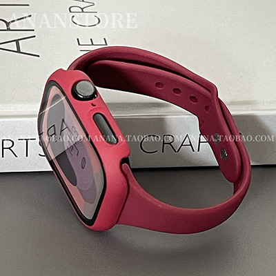 新款酒红色套装表带壳膜一体适用苹果iwatchS10代s98se小蛮腰硅胶