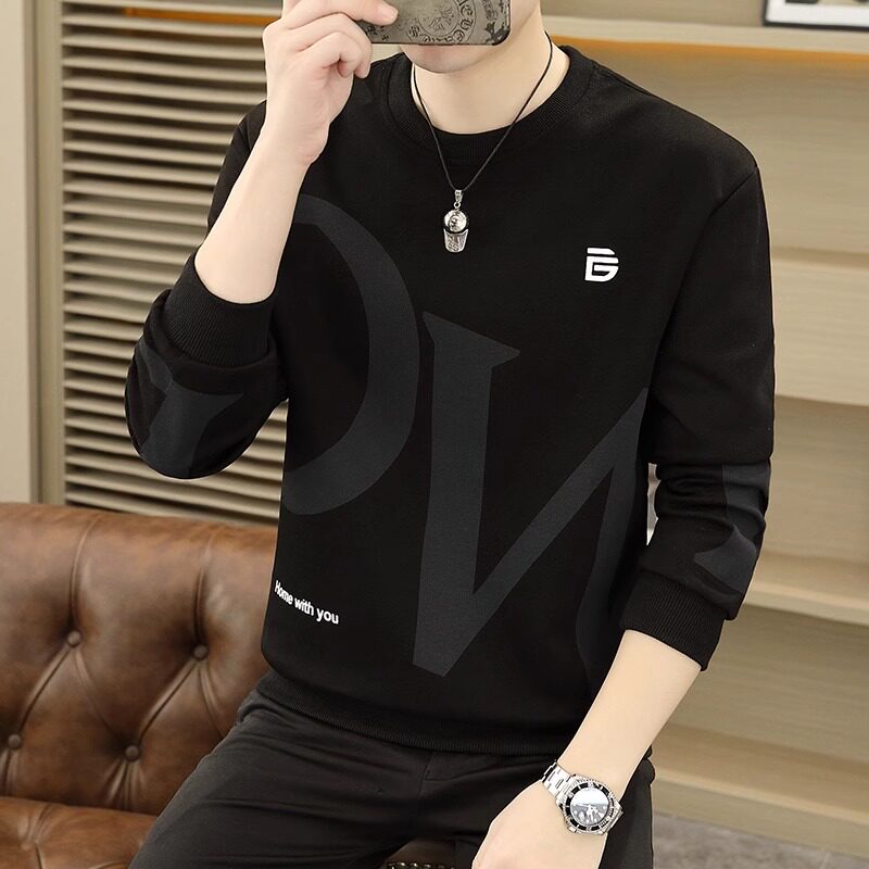 黑色卫衣男款2025春秋新款圆领修身潮牌印花休闲高端男士长袖T恤