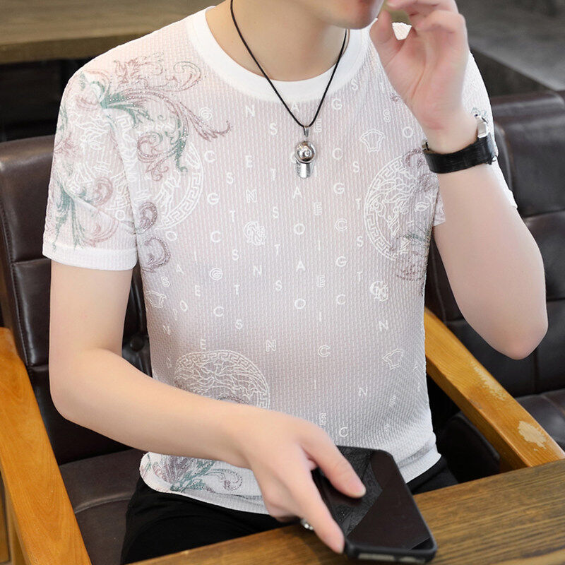 潮牌男士冰丝短袖T恤2025新款时尚烫钻印花百搭透气薄款半袖上衣