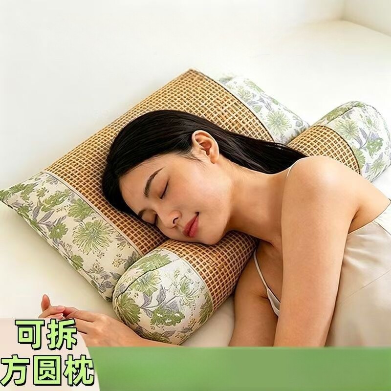 【下单立减50】夏季藤席枕三角组合枕成人碎花连体枕凉席荞麦枕