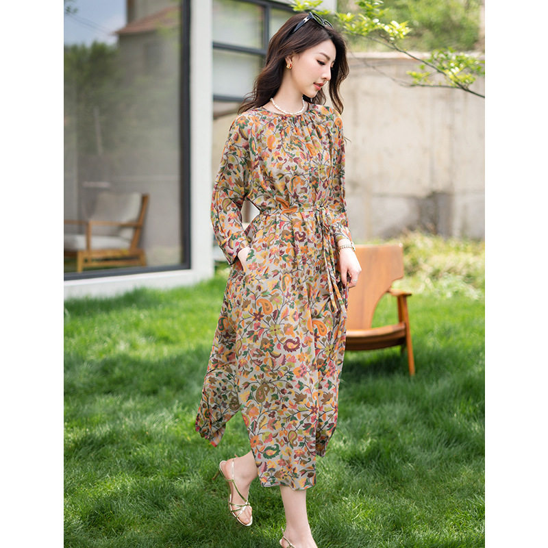 气质优雅定染植物花卉单层桑蚕丝真丝连衣裙女系带显瘦长气质裙子
