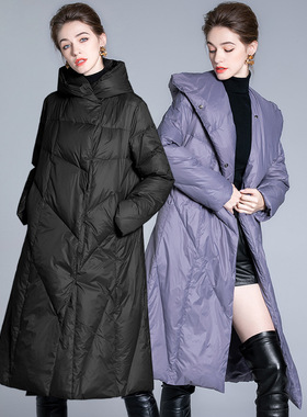 紫色羽绒服女中长款新款冬韩版宽松过膝白鸭绒亮面爆款加厚优雅风