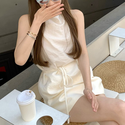 半高领绑带桑蚕丝背心
