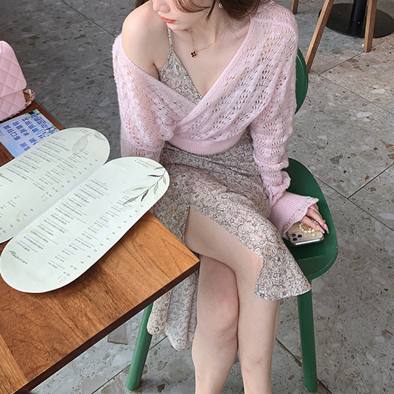 软妹 夏季柔软纱 交叉绑带短款针织衫/镂空开衫 现货甜美风半开女