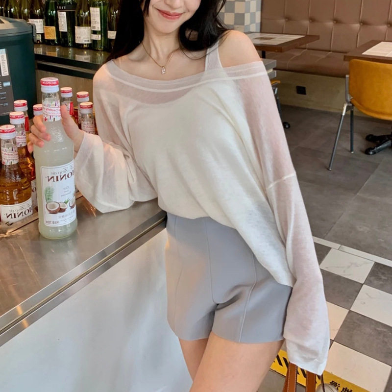 严选100s水溶羊毛防晒针织上衣女夏薄款长袖罩衫T恤杏芙的反差穿