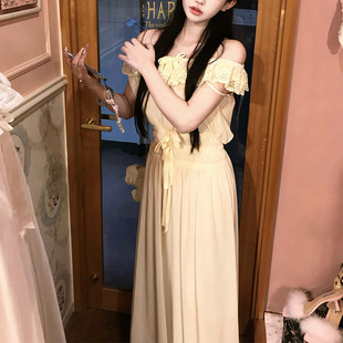 生日裙 一字领蕾丝蝴蝶结气质收腰小个子长裙韩系冷淡系连衣裙女