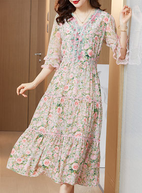 热卖新款轻奢女装真丝碎花连衣裙长裙V领修身显瘦收腰桑蚕丝裙子