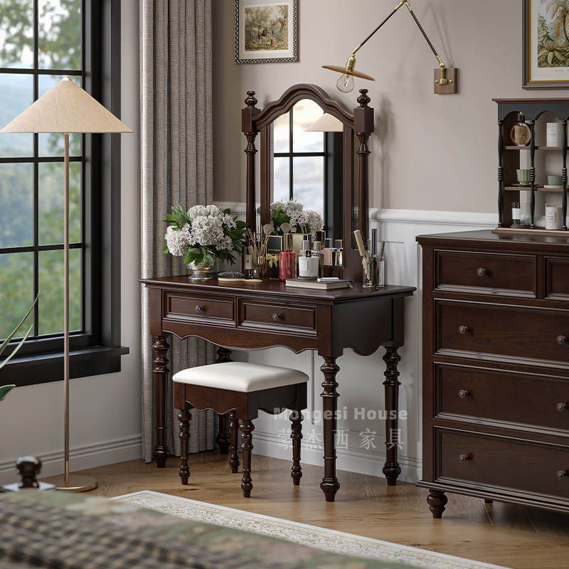 蒙杰西全实木化妆桌梳妆台美式复古风主卧室电脑书桌带化妆镜凳子
