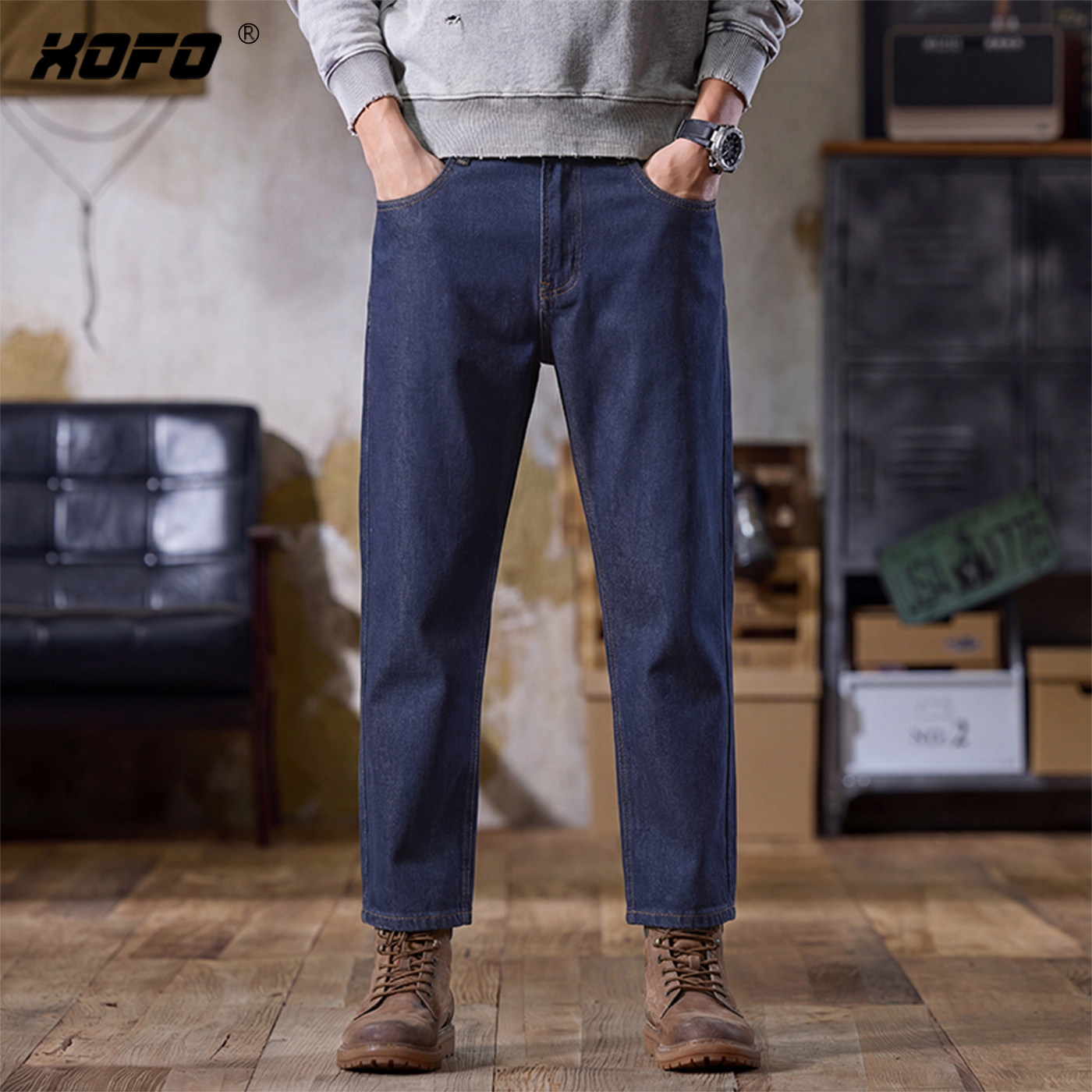 【不易掉色系列】休闲水洗牛仔裤男款九分小脚裤子弹力舒适蓝色潮