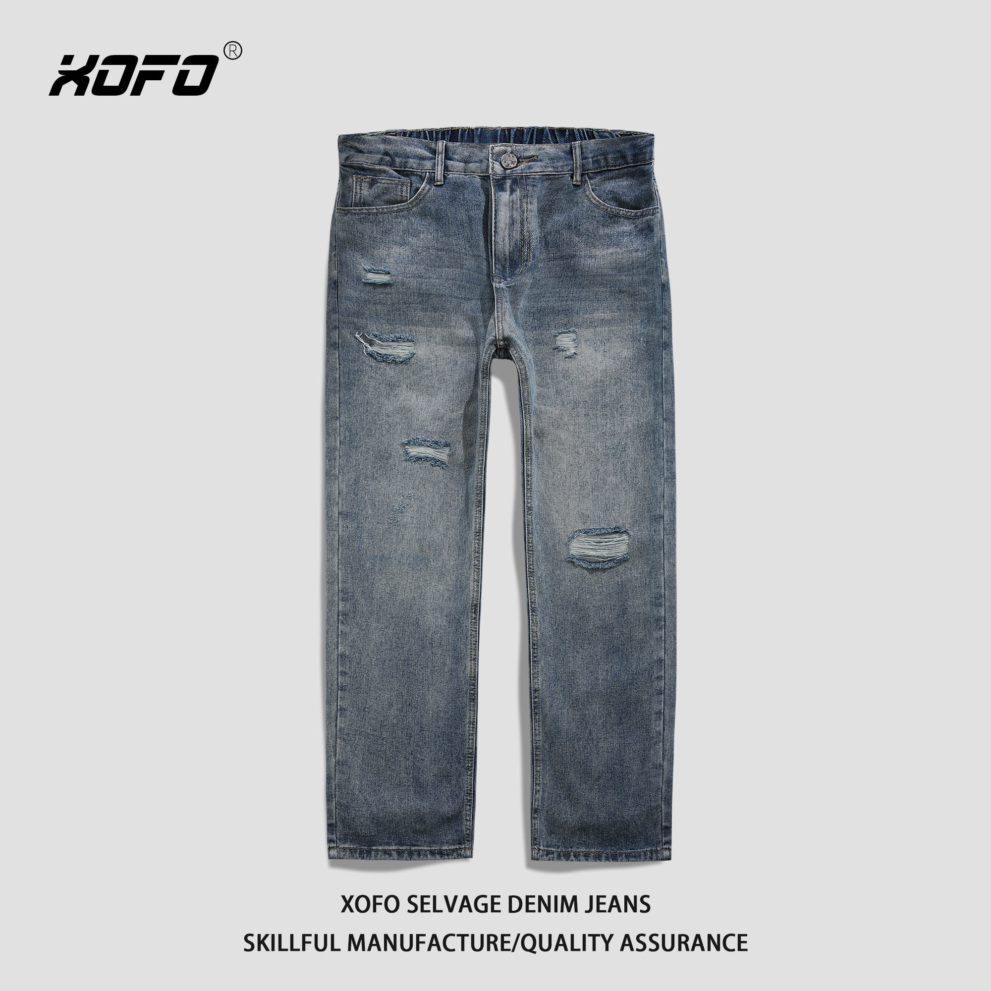 冬款破洞牛仔裤男款休闲直筒宽松松紧腰长裤美式复古潮流裤子男