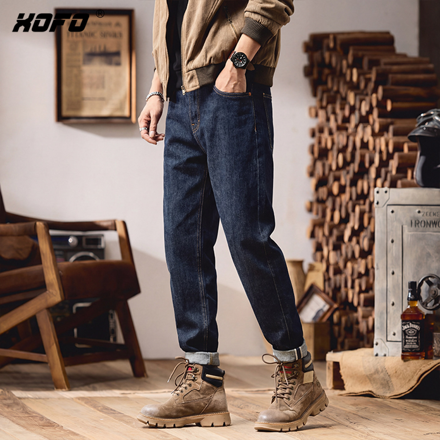 xofo日系高端赤耳丹宁牛仔裤男款潮牌痞帅锥形九分小脚裤子深蓝色