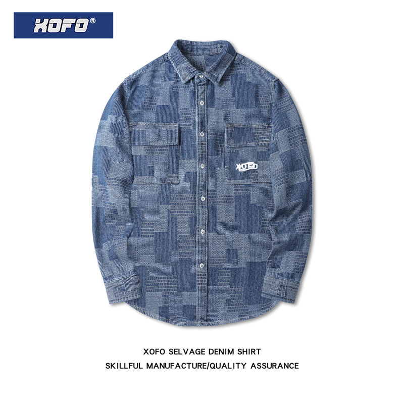 蓝色牛仔格子衬衫男长袖2026秋新款男士内搭修身休闲衬衣外套潮