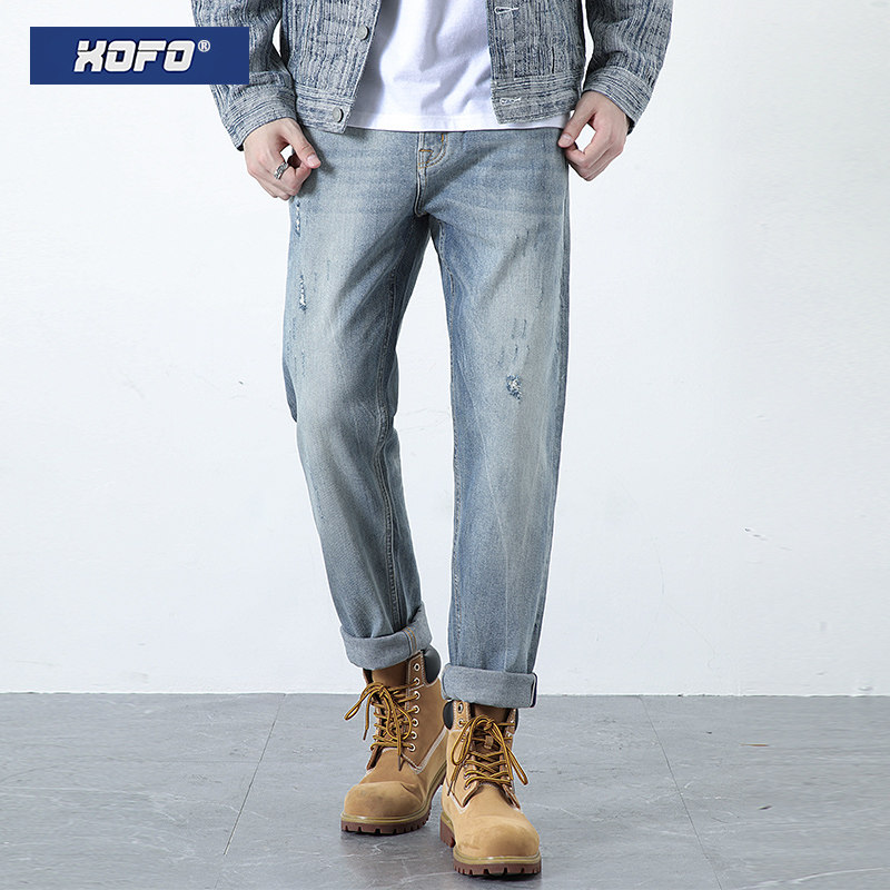 弹力复古水洗破洞蓝色直筒宽松锥形小脚长裤丹宁牛仔裤男款冬季