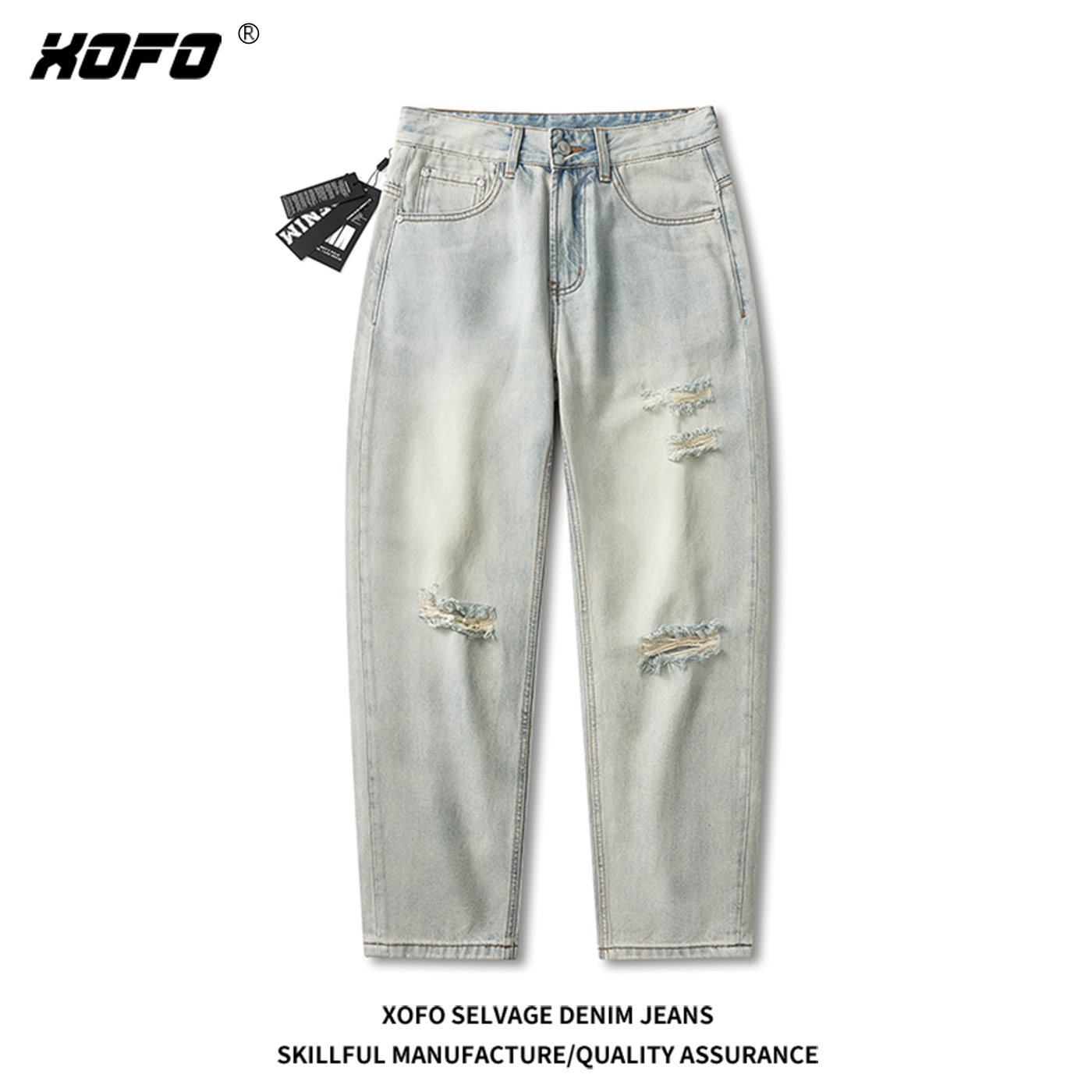 浅色休闲美式高街破洞宽松直筒牛仔裤男夏季新款水洗百搭潮长裤