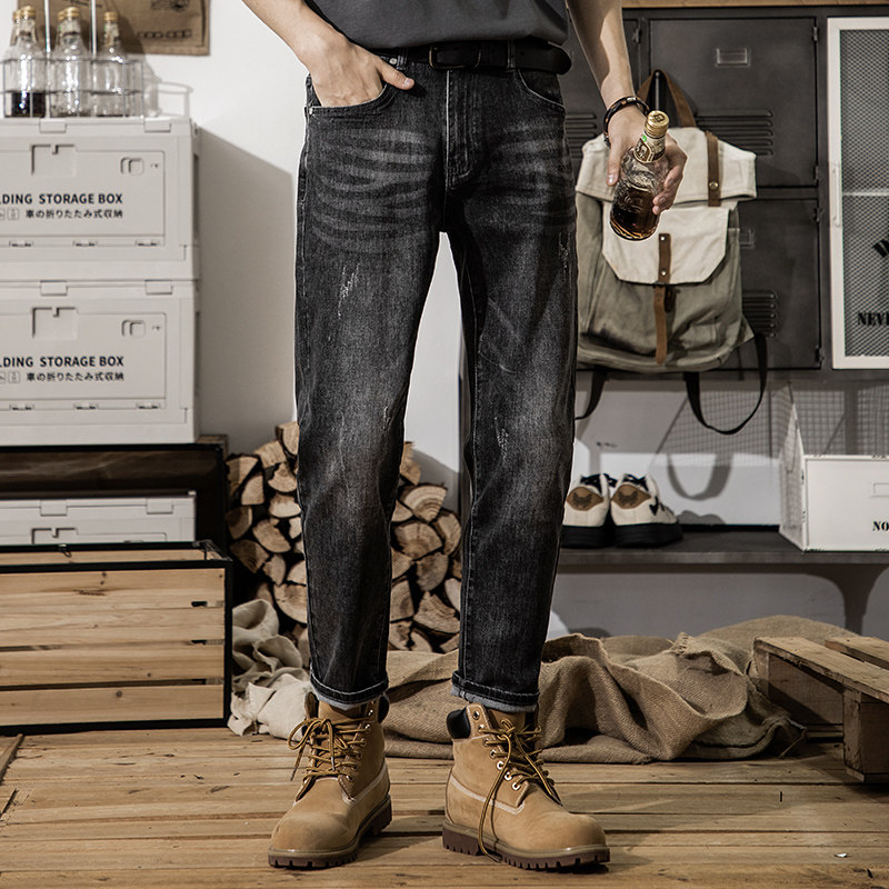 冬款水洗黑牛仔裤男锥形小脚修身弹力紧身九分裤男款美式复古潮
