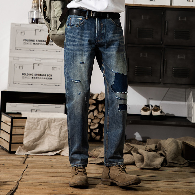 冬新款日系复古破洞赤耳丹宁牛仔裤男锥形小脚休闲长裤子潮流