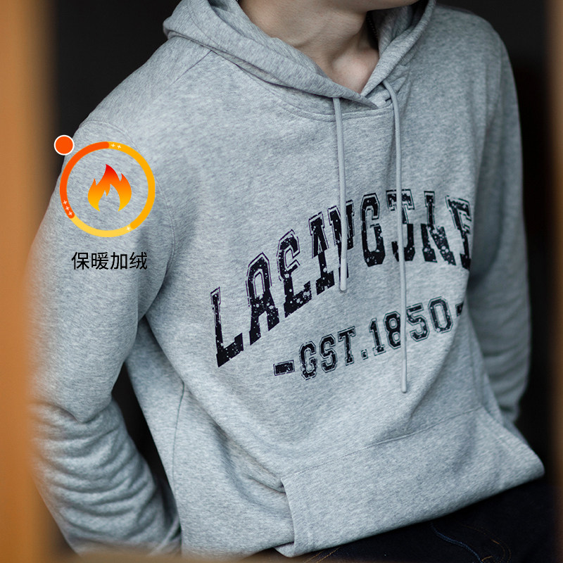 早新款字母印花卫衣男加绒加厚连帽套头男生国潮情侣灰色上衣潮