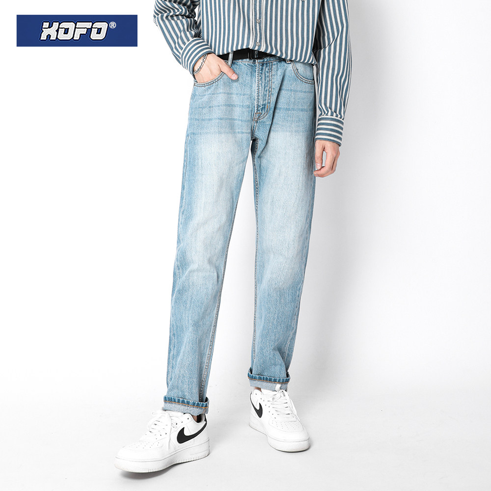 港风潮牌浅色牛仔裤男款冬季休闲宽松直筒赤耳丹宁男士长裤子