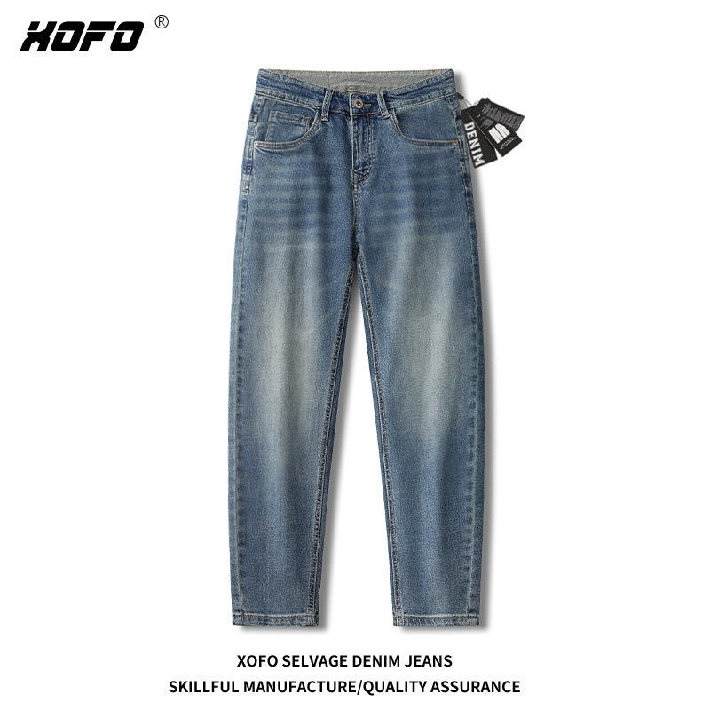 XOFO2026年新款弹力宽松蓝色锥形小脚九分牛仔裤子男士夏季潮牌