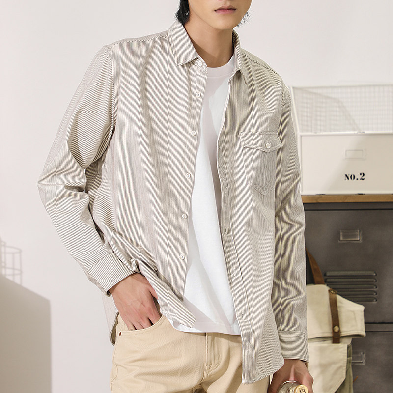 2026年新款日系港风复古竖条纹衬衫男休闲宽松长袖男款秋季外套