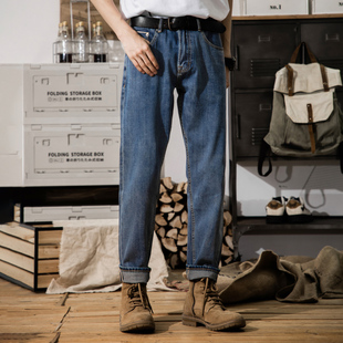 冬新款美式复古浅蓝色赤耳丹宁休闲直筒宽松牛仔长裤男款潮流