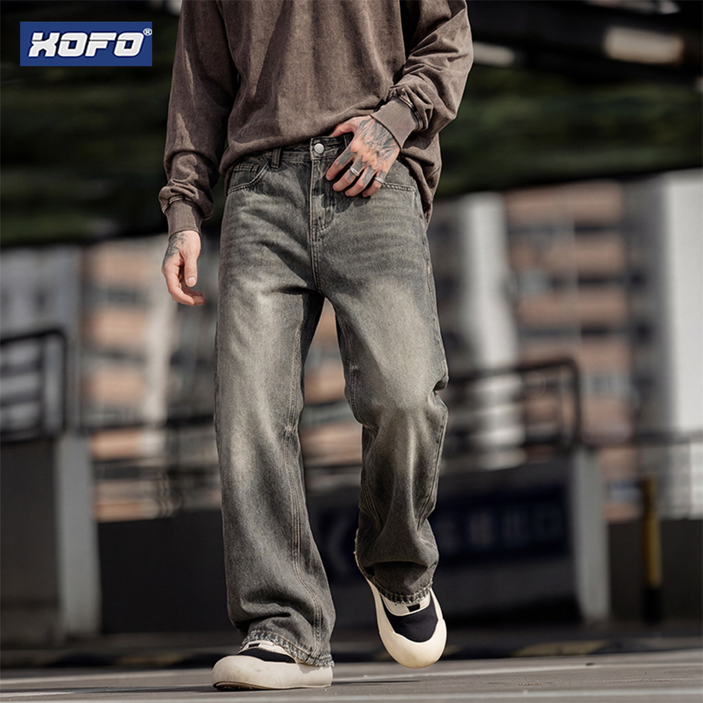 水洗休闲烟灰色宽松微喇裤子潮牌痞帅炸街男潮流百搭款牛仔长裤子