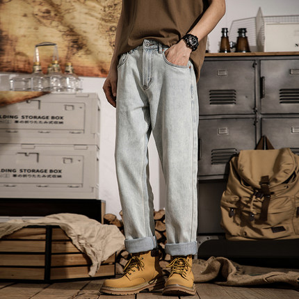 2025年新款浅色四面弹力直筒宽松版型冬季牛仔裤男休闲百搭长裤