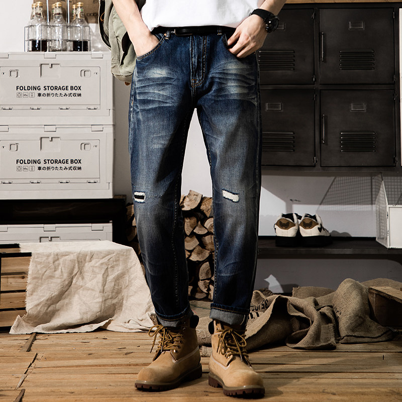 2026年夏新款美式复古破洞九分小直筒修身锥形赤耳丹宁牛仔裤男