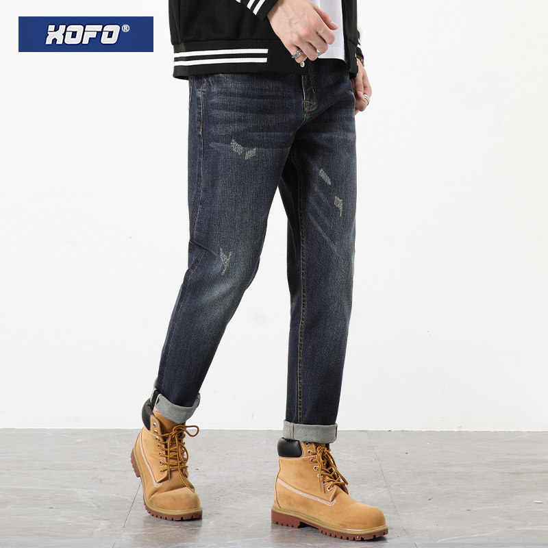 日系弹力夏新款直筒休闲九分裤赤耳丹宁牛仔裤男宽松破洞小脚裤