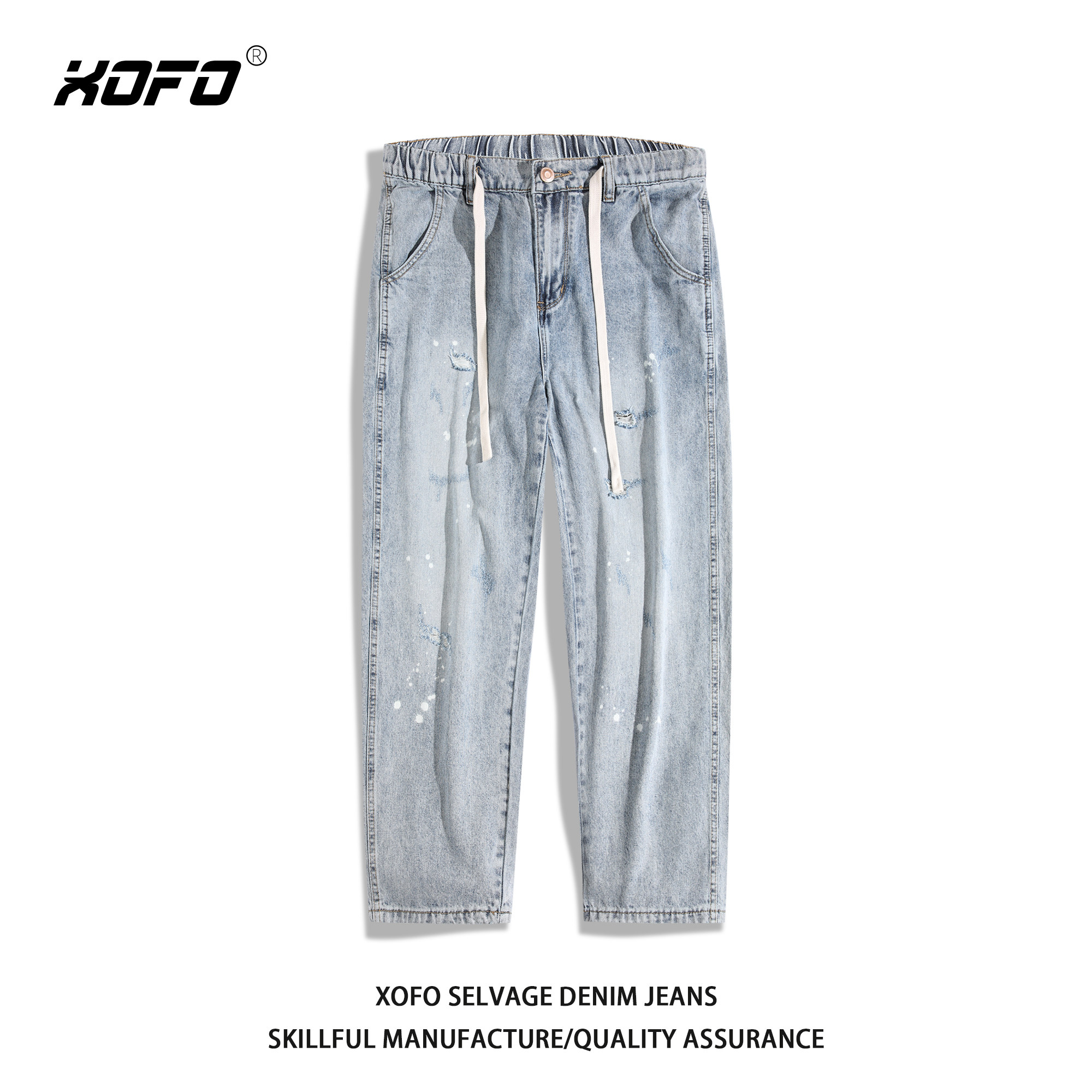 新款美式泼墨牛仔裤男款夏直筒宽松垂感阔腿男士水洗休闲长裤潮