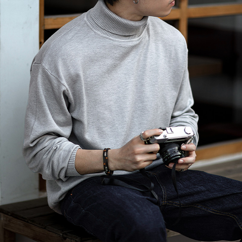 秋季日系高领套头毛衣宽松内搭男士打底长袖休闲针织衫外套男潮