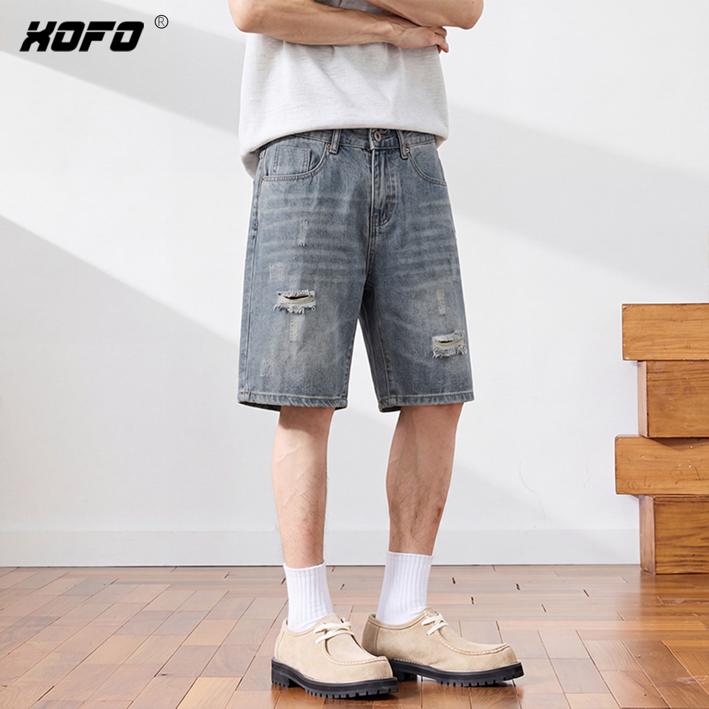 XOFO破洞宽松牛仔短裤男夏季