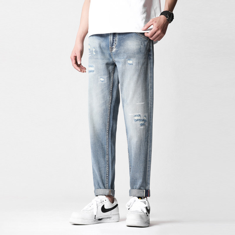 新款水洗港风做旧直筒宽松休闲赤耳丹宁小脚九分牛仔裤男夏破洞