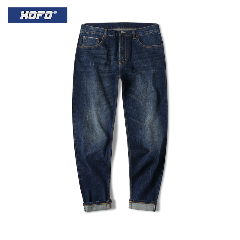 XOFO 柔性酵洗 2026年冬新款宽松小脚直筒小脚长裤深色牛仔裤子
