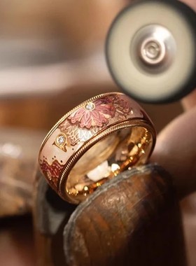 沙金神印王座定情信物勿忘我戒指珐琅彩可转动指环复古饰品