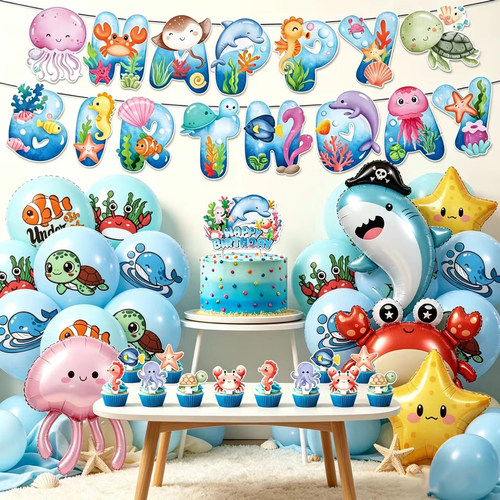 海洋主题生日派对装饰海底动物拉旗鲨鱼海豚铝膜气球宝宝周岁布置