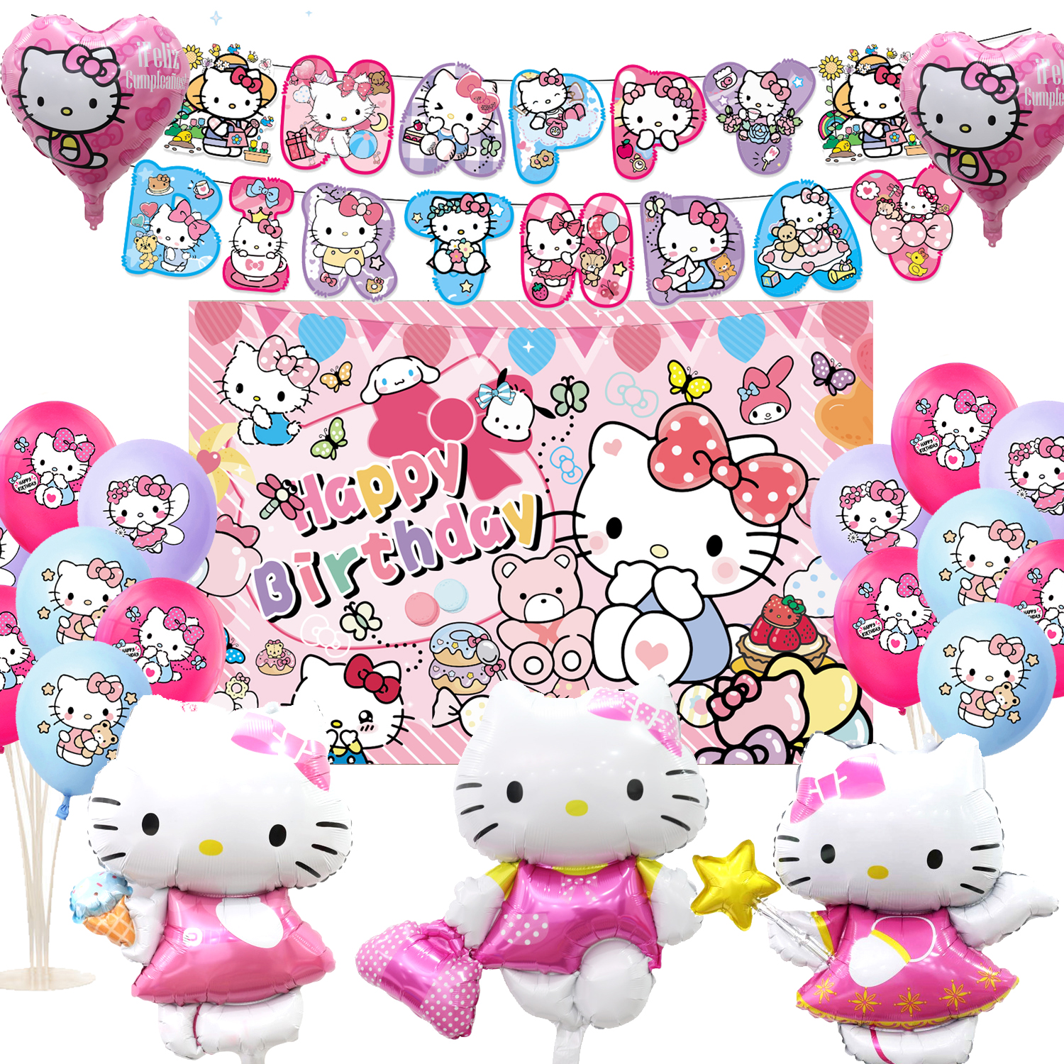 KT猫kitty猫主题儿童生日派对装饰用品凯蒂拉旗蛋糕插牌气球布置