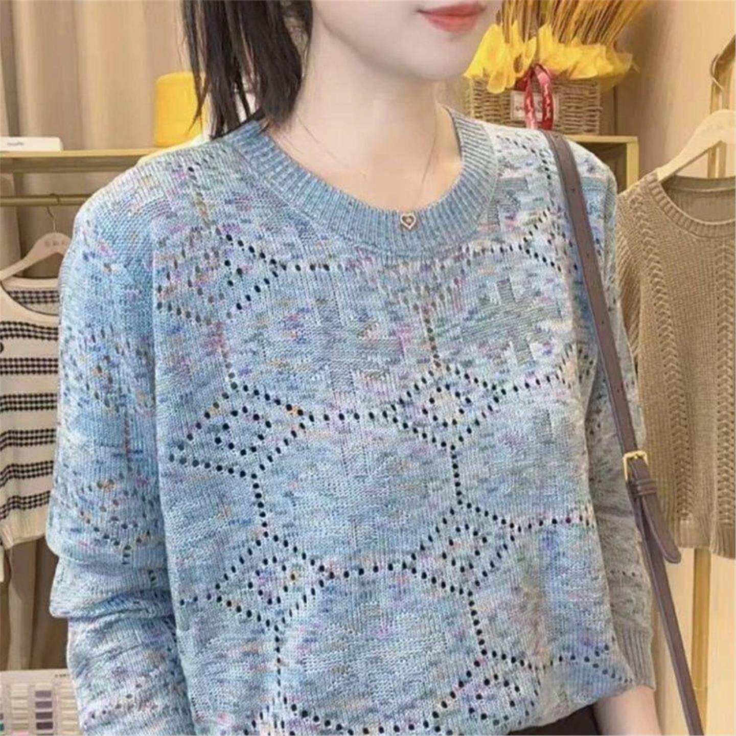 正版圆领长袖镂空百搭衫女
