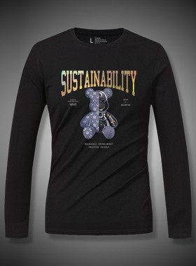 ZGHW纯棉长袖T恤男2025秋季新款简约黑色帅气印花圆领打底衫上衣