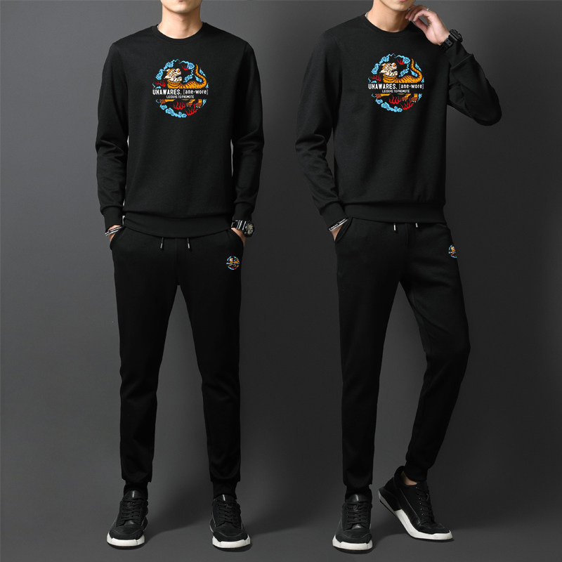 ZGHW春秋季帅气男装修身黑色狮子印花圆领潮运动休闲长袖卫衣套装